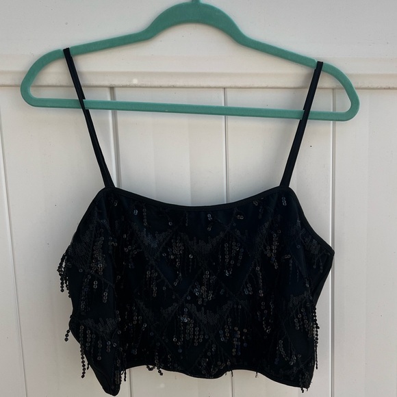 Lishly Black Adjustable Spaghetti Strap Sequined Fringe Crop Top Women's Size 12 - Picture 3 of 8